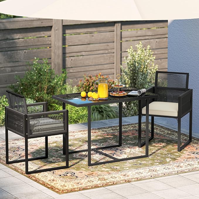 Tangkula 3 Pieces Patio Dining Set, Outdoor Space-Saving PE Wicker Bistro Set with Cushions, Patio Tempered Glass Top Table and Chairs Set for Porch, Garden and Backyard