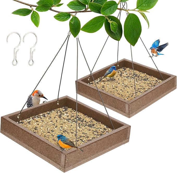 Kingsyard 2 Pack Platform Bird Feeder Tray for Outdoor Hanging - Durable Recycled Plastic & Metal Mesh, Large 3.5 lbs Capacity, Ideal for Attracting Large Birds, Brown
