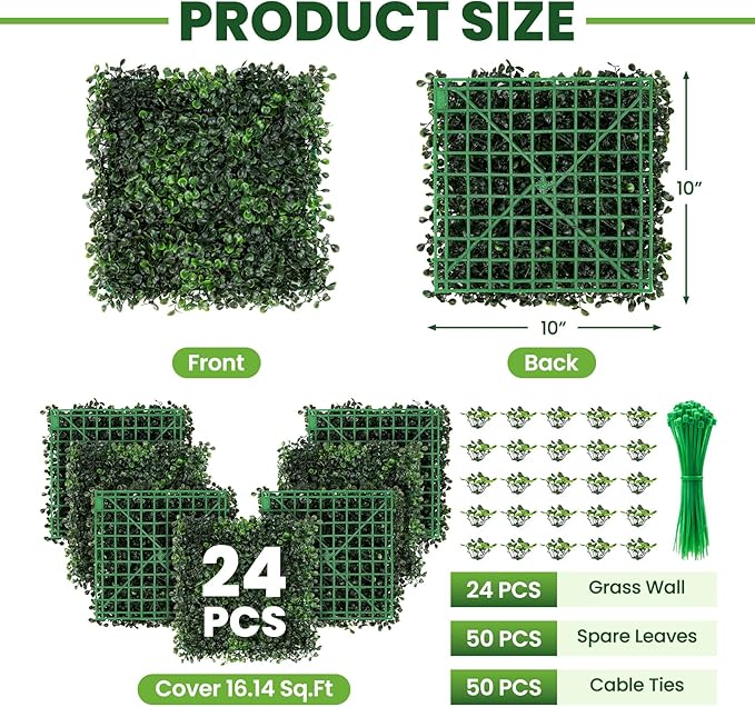 Grass Wall 24 Pack 10"x10" Artificial Boxwood Hedge Wall Panels, Privacy Hedge Screen Faux Boxwood for Outdoor,Indoor,Garden,Fence,Backyard,Greenery Walls