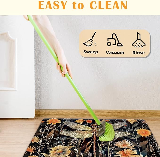 JINYO Dragonfly Floral Door Mat, Vintage Rustic Dragonfly Door Mat Indoor Outdoor Entrance Entryway Porch, Dark Cottagecore Botanical Flower Bath Mats for Bathroom, Beachy Welcome Mats, 17x30 Inch