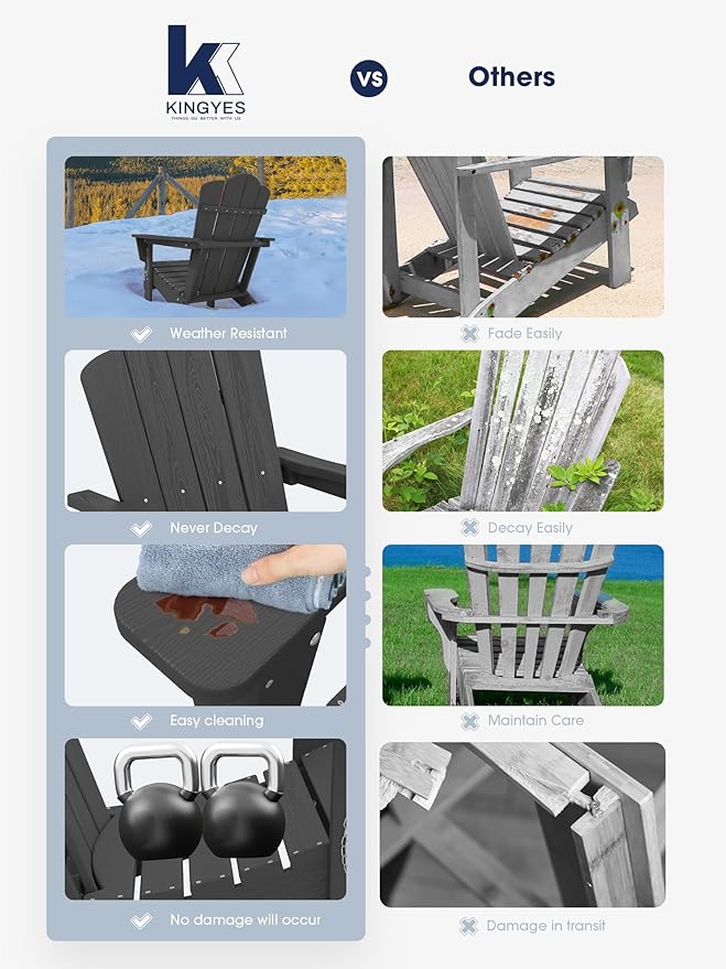 KINGYES Folding Adirondack Chair Set of 6, HDPE All-Weather Folding Adirondack Chair, Grey