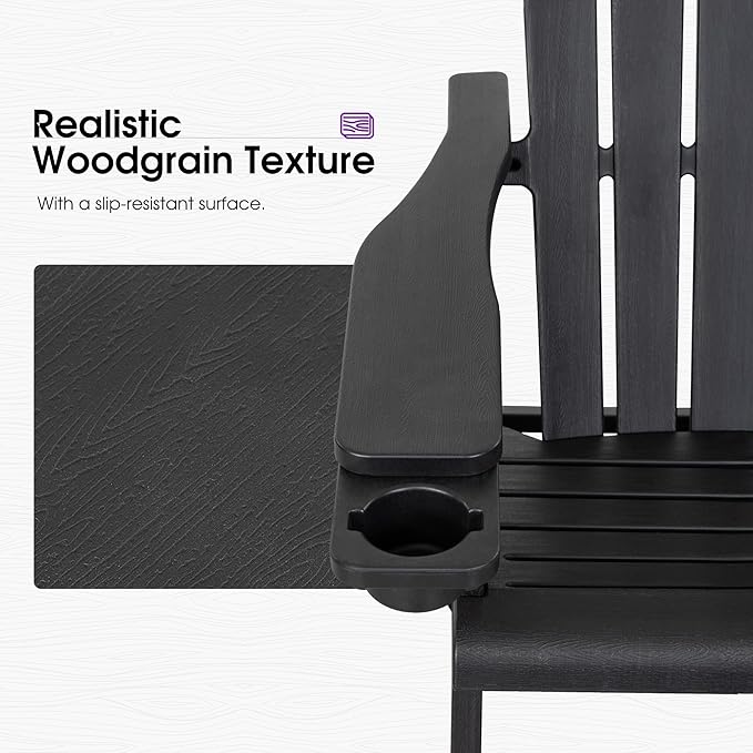 PURPLE LEAF Adirondack Chair HDPE All-Weather Outdoor Fire Pit Chair with 24.6" Oversized Seat Wood-Textured Patio Adirondack Chair with Dual Cup Holders for Garden Deck Backyard, Black