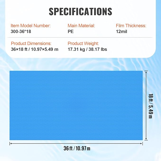 VEVOR Solar Pool Cover, 36 x 18 ft Rectangle Solar Cover 12 mil for Pools, Inground Above Ground Swimming Pool Solar Blanket with Bubble, Heat Retaining Solar Covers Blue