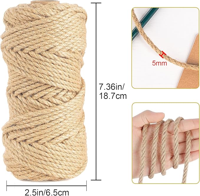 5mm 12Ply Jute Twine,197 Feet/60M Twisted Jute Rope, Garden Twine, Heavy Duty and Thick Twine Rope, Garden, Arts & Crafts, Christmas, Home Decor, Packaging Braided