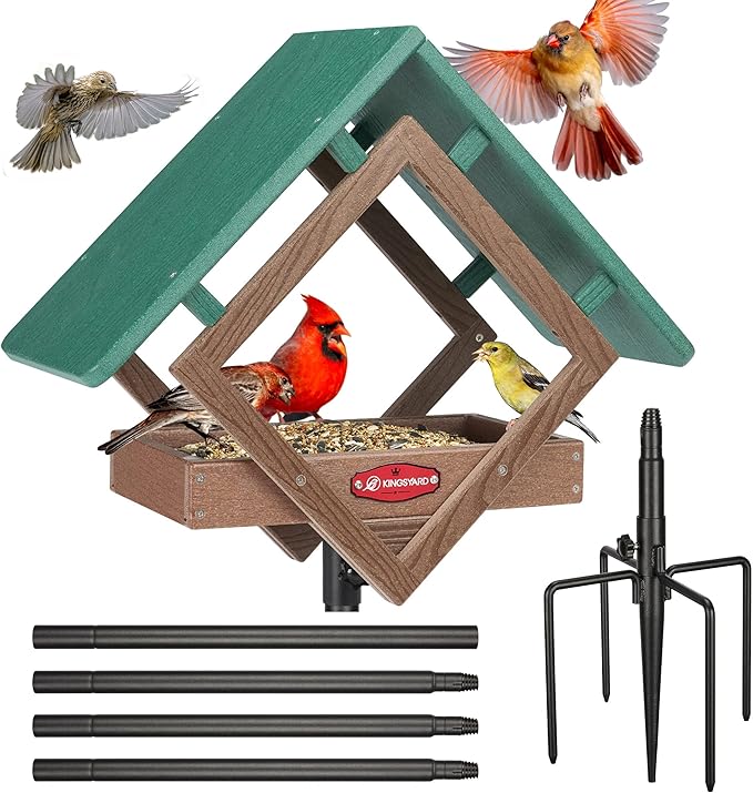 Kingsyard Large Platform Bird Feeder with Metal Mesh Tray, Pole Mount Adjustable Bird Feeders with Weather Protective Top, 4 lbs Seed Capacity, Brown