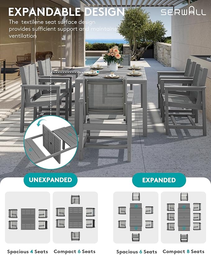 SERWALL 5-Piece Outdoor Table and Chairs, 60" - 83" Expandable Outdoor Dining Table with 4 Breathable Textilene Chairs, All Weather HDPE Patio Furniture Set for Backyard, Garden, Grey