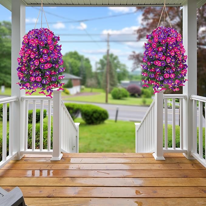 Artificial Fake Hanging Flowers Plants for Outdoor Outside Spring Summer Decoration 2PCS Faux Silk UV Resistant Realistic Morning Glory Trailing Vines for Home Porch Patio Balcony(Purple & Magenta)