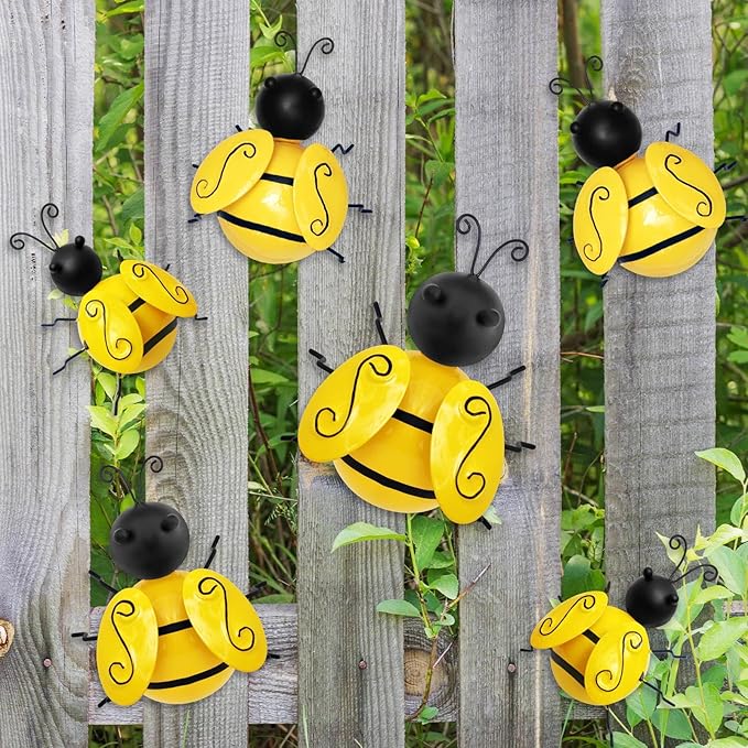 Metal Outdoor Wall Art Decor, 6 PCS Bumble Bee Decor Outdoor Wall Decors, Fence Decorations Outdoors Metal Garden Decors Outdoors Decorations for Yard Art Home