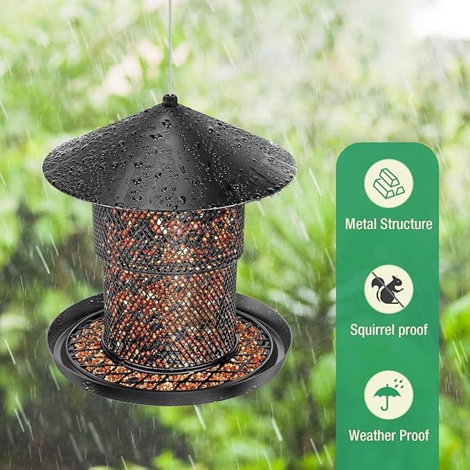 Bird Feeder for Outdoor Hanging, No Mess No Spill - Birdfeeder for Outdoor, Squirrel Proof Bird Feeder w/Catch Tray - Large Capacity All-Metal for Outside Hanging