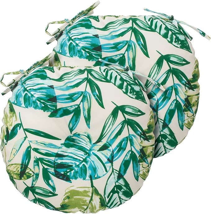 Bistro Chair Cushions 15 inch,Set of 2,Tufted Tropical Round Chair Cushions with Ties,15"x15"x4",Water Resistant Round Seat Cushion for Barstool,Patio Garden Kitchen Outdoor Furniture(Palm Leaf)