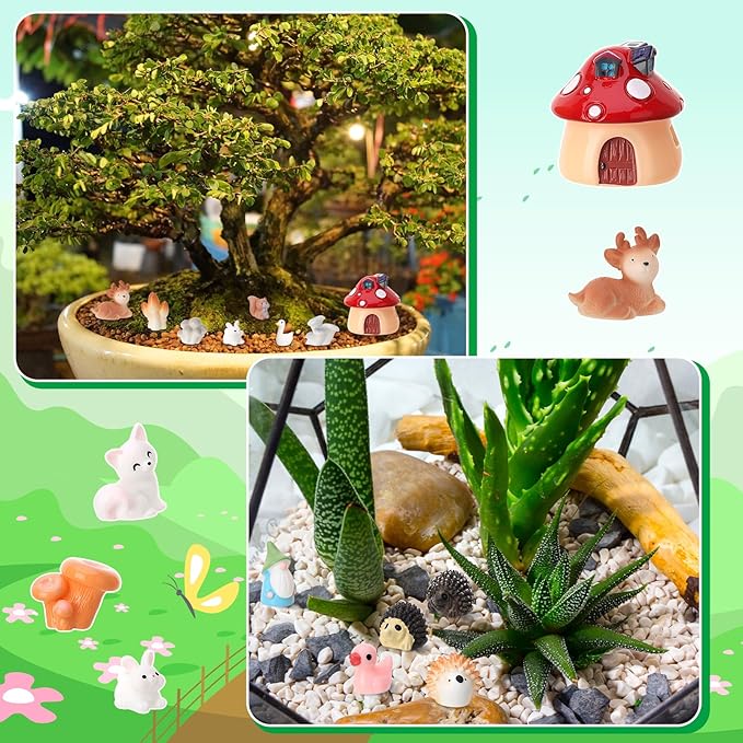 54 Pcs Fairy Garden Accessories, Mini Resin Animals Figures, Miniature Table and Chairs, Bridge, Fence, Fairy House Kit with 50g Artificial Moss for DIY Craft Landscape Bonsai Glass Container