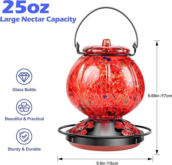Hummingbird Feeder for Outdoors – Hand Blown Blue Glass Bird Feeder, Leakproof, Easy to Fill & Clean, Decorative Hanging Gift for Garden, Patio, Window, Mom or Gardener 25 Ounces, Red Spotted