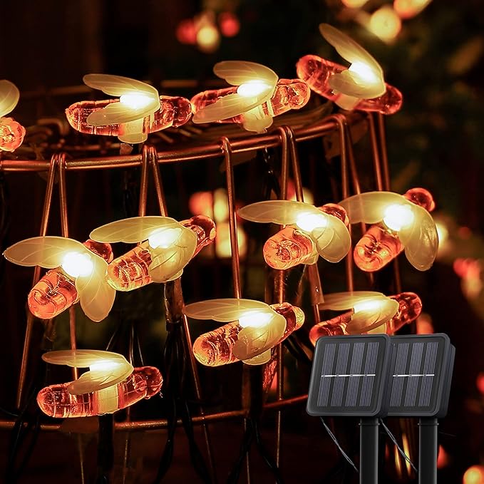 Solar String Lights Outdoor, 2Pack 30LED Honey Bees Fairy Lights, 8 Modes Cute Bee Lights Waterproof for Garden Fence Patio Yard Tree Xmas Decorations,Warm White
