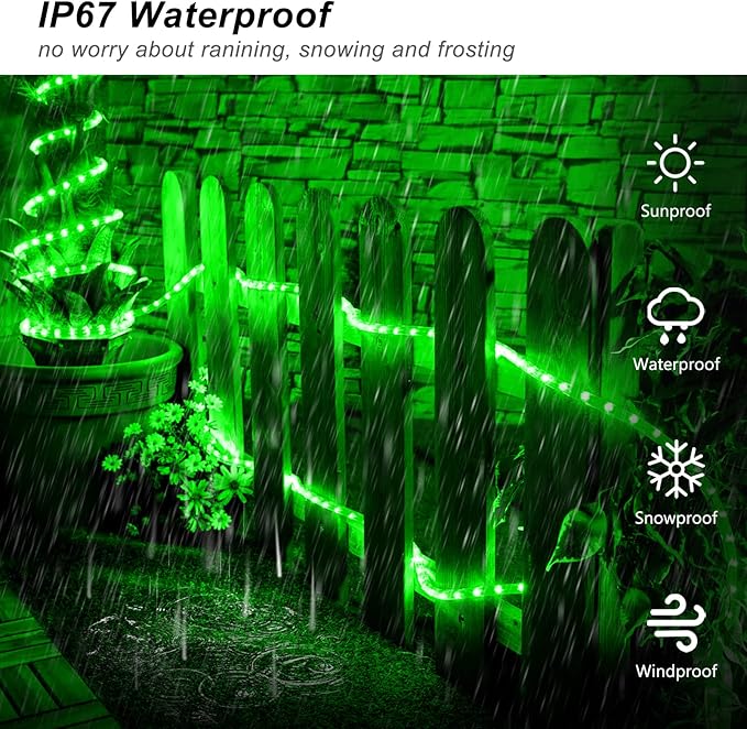 JMEXSUSS 2 Pack Green Rope Lights Battery Operated String Lights Outdoor Waterproof, Total 200LED 66ft Remote Battery Powered Christmas Light, Green Light for Patio St Patricks Day Decorations