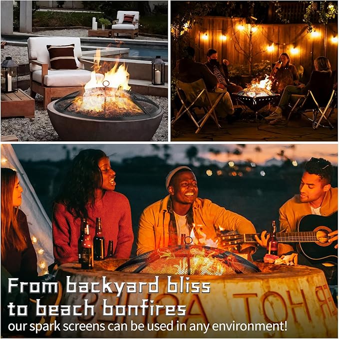 Fire Pit Spark Screen, Outdoor 22 Inch Round Fire Pit Screen with Foldable Hook and Fire Safety Gloves, Heavy Duty Steel Mesh Fire Pit Cover, Fire Pit Lid for Backyard, Beach, RV Camping