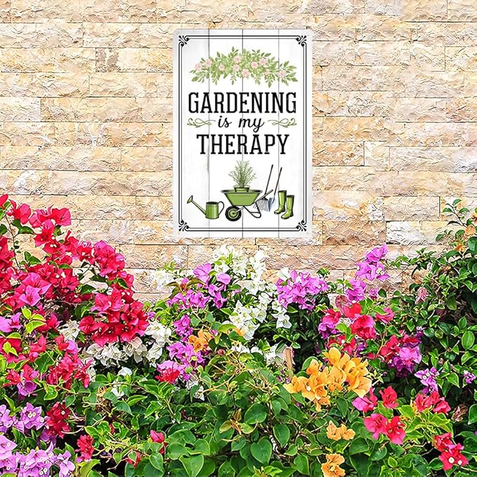 Funnysign Vintage Gardening Tin Sign – “Gardening Is My Therapy” – Floral Farmhouse Wall Art, Rustic Garden Metal Decor, Perfect for Patio, Porch, Greenhouse, or Indoor Home Display, 8×12 Inch (9820)