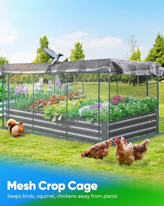 Quictent Galvanized Raised Garden Bed with Crop Cage Plant Protection Net Tent and Shade Cloth Kit Metal Planter Box Bottomless Planting Vegetables Outdoor Backyard Included T Tags Wing Nuts 8x4x1 Ft