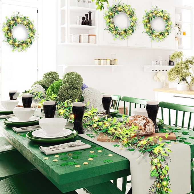 6.5 Ft St.Patrick's Day Garland Lucky Shamrock Wreath with LED Lights Artificial Green Clover St Patrick's Day Hanging Wreath Garland for Front Door Arch Wall Irish Festival Party Decoration