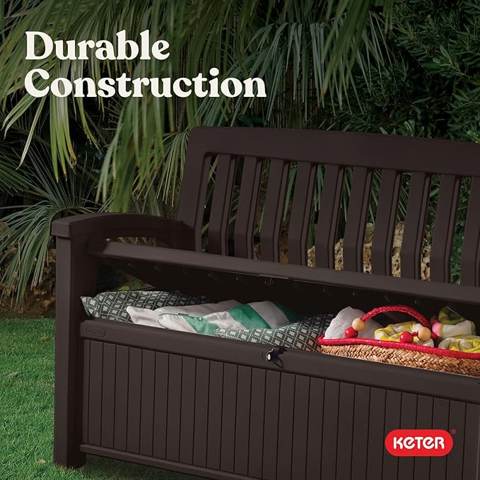 Keter 60 Gallon Storage Bench Deck Box for Patio Furniture, Front Porch Decor and Outdoor Seating – Perfect to Store Garden Tools