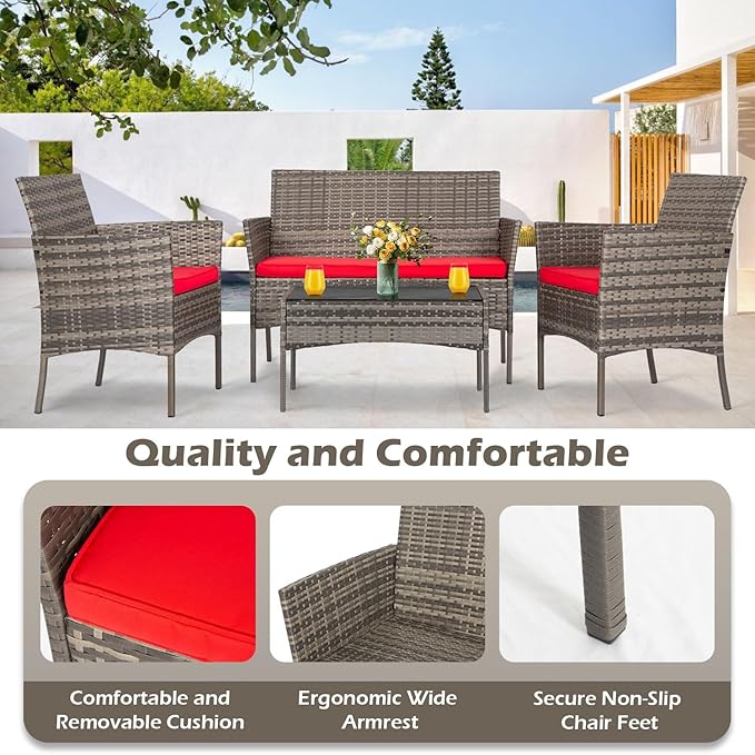 FDW | 4-Piece Patio Furniture Set | Gray & Red |Outdoor Wicker Furniture with Coffee Table | Modern Rattan Chairs Conversation Set | Outdoor Seating | Weather-Resistant | for Porch, Garden, Lawn