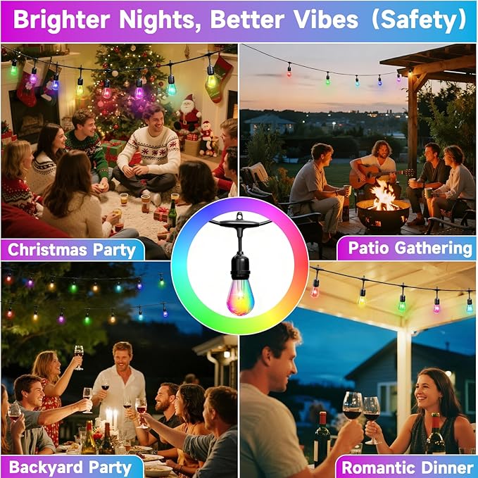 RGB Safety String Lights 50FT - Commercial Grade Low Voltage Strand with 20 S14 Shatterproof Bulbs for Tree Garden Yard bistro Cafe | RGB Party Lights & Outdoor Lights | IP65 Waterproof | UL Listed