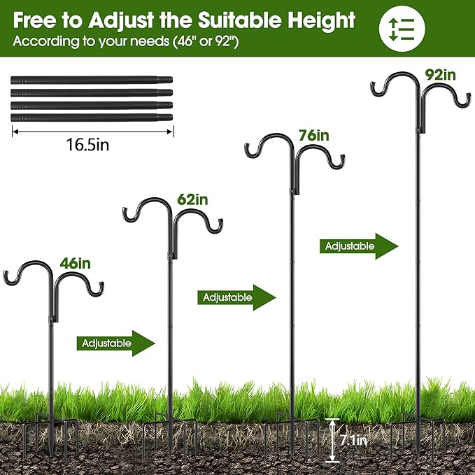 Double Shepherds Hooks for Outdoor,92" Heavy Duty Bird Feeder Pole with 5 Prong Base, Adjustable Shepherds Hook for Bird feeders Outside, Garden, Weddings, Hanging Plants, 1 Pack, Black