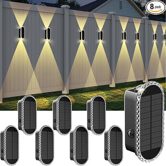 Solar Fence Lights Outdoor - 3000/4000/6000K 3 Modes, IP65 Waterproof Fence Lights Solar Powered, Up & Down Lighting Solar Wall Lights Outdoor for Backyard/Garden/Patio/Garage and Wall decor (8 pack)