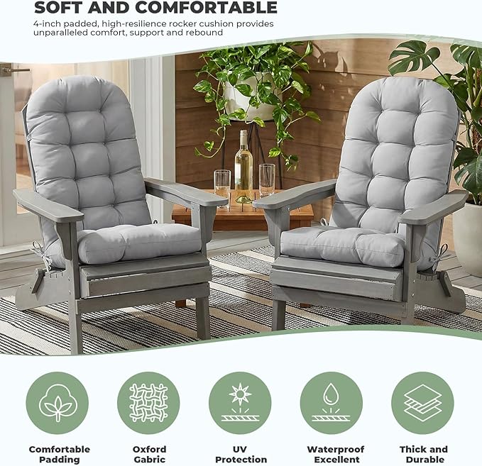 Outdoor/Indoor Adirondack Chair Cushion, Waterproof Outdoor Rocking Chair Cushion with Ties, Tufted Replacement Seat Cushions for Outdoor Furniture, Grey