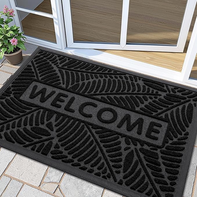 Smiry Welcome Mat Indoor Outdoor, All-Season Waterproof Front Door Mat, Sturdy Natural Rubber Doormat, Non-Slip, Easy Clean, Low Profile Dirt Trapper for Porch Patio Entrance, 47x32, Black
