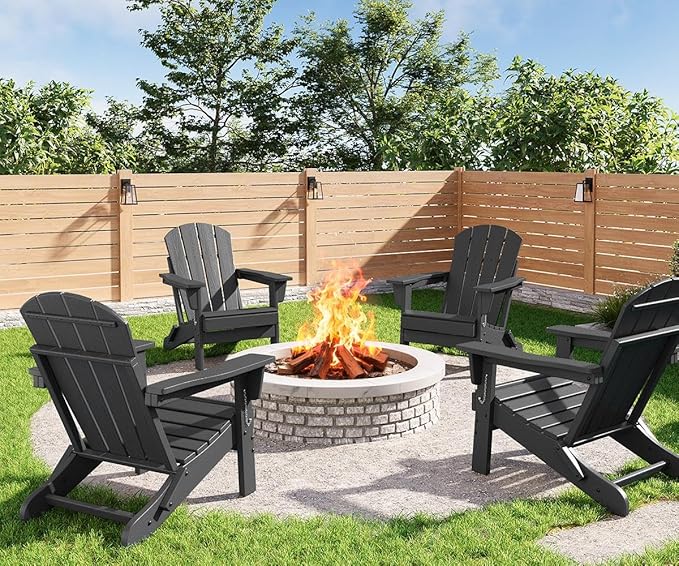 GarveeLife Folding Adirondack Chairs Set of 4, HDPE Plastic Outdoor Chairs with Wood Texture - 380 LBS & Weather Resistant for Fire Pit, Deck, Patio, Pool, Backyard - Black