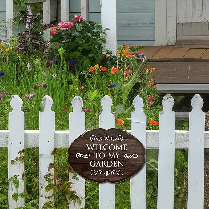 Rustic Garden Hanging Sign, Welcome To My Garden Wooden Decor, Yard Welcome Sign Gardening Gifts and Decorations for Gardeners Plant Lovers 7 x 10 Inch-A03