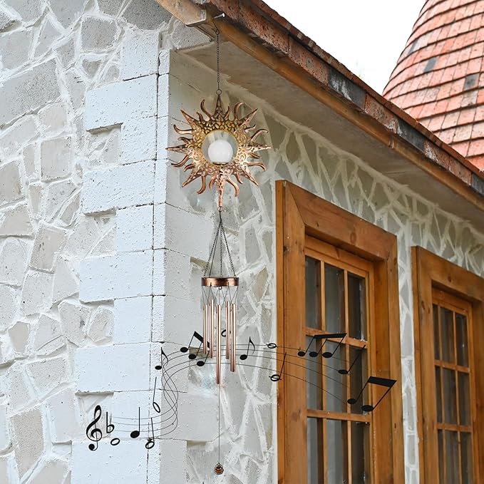 Solar Sun Wind Chimes Outdoor with Flame, Waterproof Wind Bells Light with Crackle Glass Ball for Outside, Clearance Unique Gifts for Mother's Day, Mom, Women, Girls, Yard, Garden, Party Decor