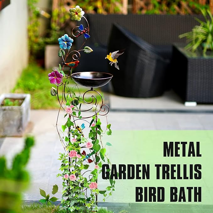 57" Height Metal Bird Bath with Trellis for Outdoor, Vintage Decorative Bird Baths, Small Garden Plant Support, Antique BirdBath for Climbing Plants with Detachable Iron Bowl (Dragonfly)