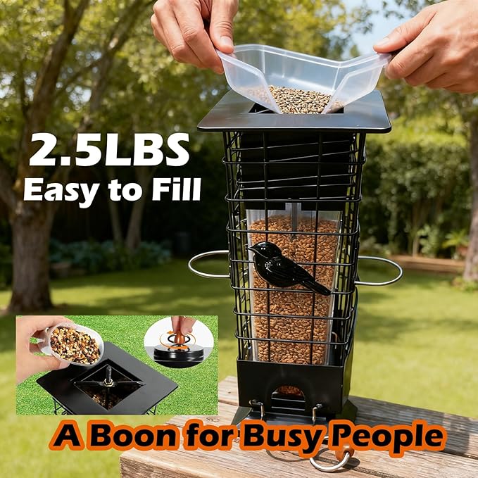 Squirrel Proof Bird Feeders for Outdoors Hanging, Metal Wild Bird Feeder with 4 Feeding Ports | 2.5 LB Capacity, Weather-Resistant for Year-Round Use,Dark Grey