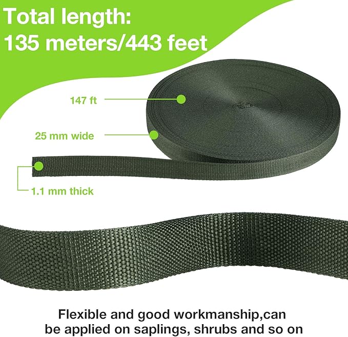 Shappy Tree Tie Strap Garden Webbing Strap Garden Plant Supports Tree Tie Staking for Outdoor Use, Plant Supports, Grafting, Straightening Supplies(Dark Green,443 Feet x 1 Inch)