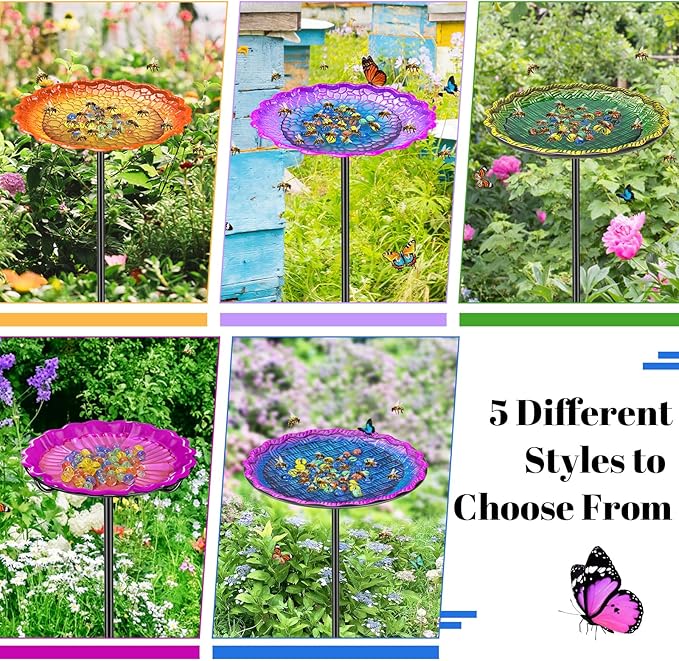 Bee Butterflies Watering Station, Standing Bee Feeder with Glass Marbles for Outside, Bee Bath Feeder with Metal Stakes Butterfly Puddler Garden Yard Déco (Blue)