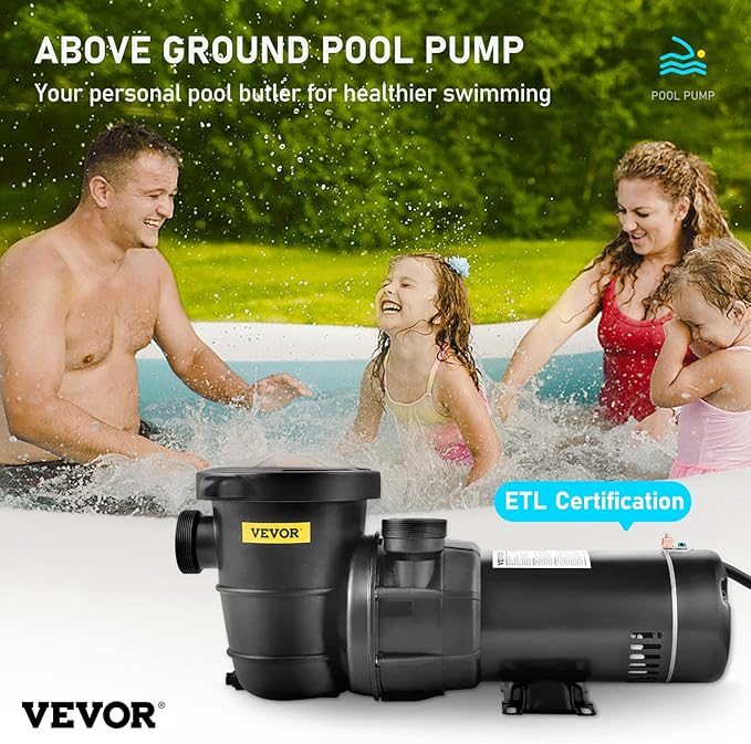 VEVOR Swimming Pool Pump, 1.5 HP 115 V, 1100 W Single Speed Pumps for Above Ground Pool w/Strainer Basket, 5280 GPH Max. Flow, Certification of ETL for Security