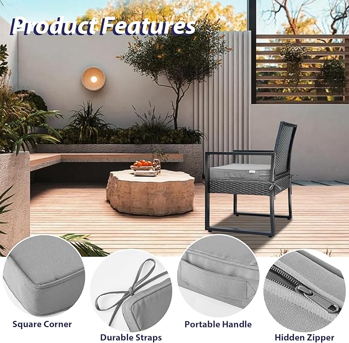 Outdoor Chair Cushions Set of 4 -Waterproof Outdoor Seat Cushions for Patio Furniture, Patio Chair Cushion with Handle and Ties, Square Out Door Chair Pads,19" x 19" x 3", Grey