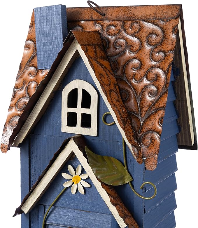 Glitzhome Bird Houses for Outside,Hand Painted Hanging Bird House for Outdoors, 24.25" H Oversized 3-Tiered Villa Decorative Wooden Bird Houses Large Birdhouse for Garden, Washed Blue