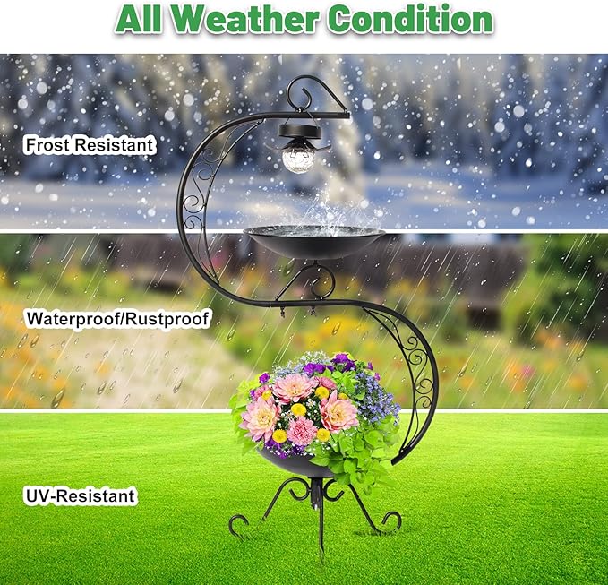 HONGLAND Bird Baths for Outside with Solar Lights, 36" Black Metal Birdbaths for Outdoors, Antique Bird Feeders with Flower Planter Pedestal for Garden, Yard, Patio Decor