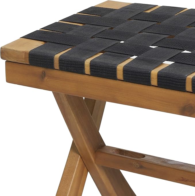 Christopher Knight Home Jeffery Outdoor Acacia Wood Bench with Rope Seating, Black and Teak 61x13.75x16.25 inches