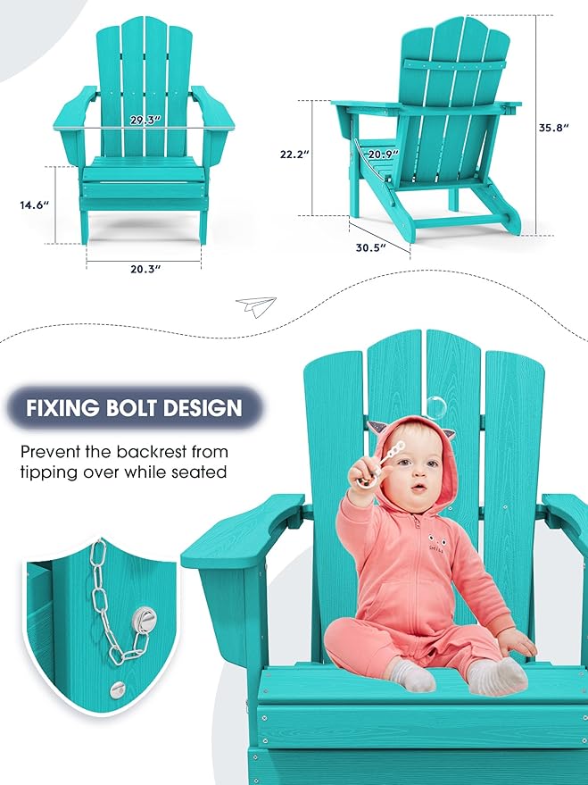 KINGYES Folding Adirondack Chair, HDPE All-Weather Patio Chairs, Wooden Textured Lawn Chair for Poolside, Backyard, Deck, Fire Pit, Aruba
