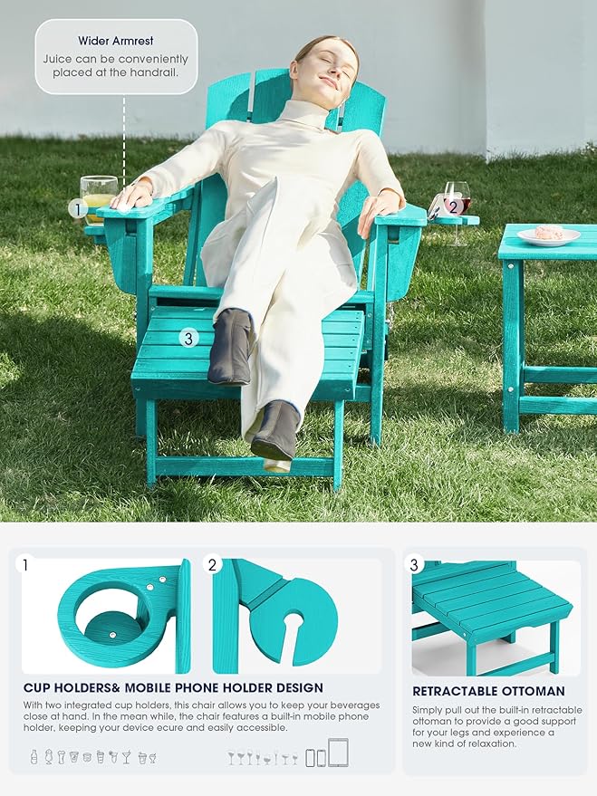 KINGYES Folding Adjustable Adirondack Chair with Retractable Ottoman Set of 4, HDPE Adirondack Recliner Chair with Footrest, Aruba