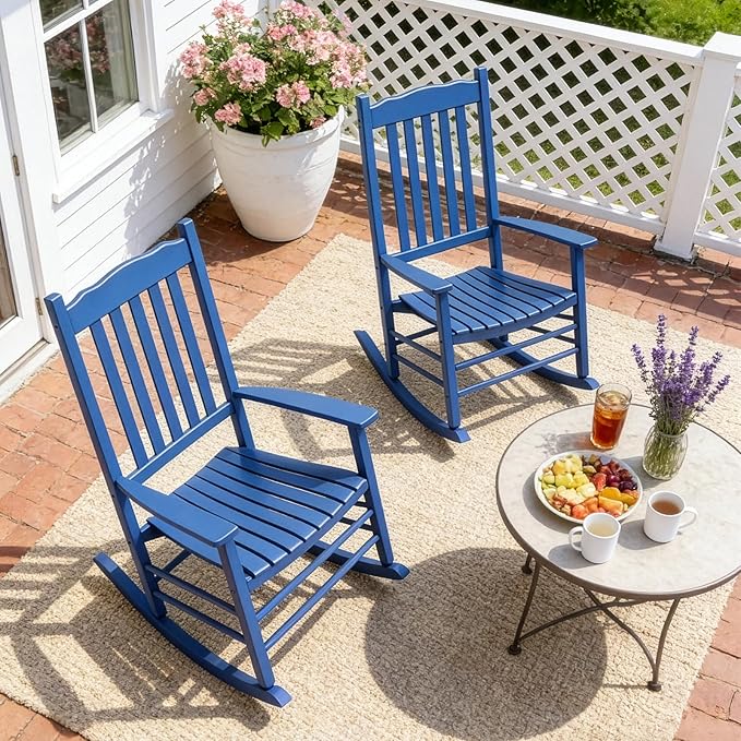 Outvita Outdoor Rocking Chair, Solid Wood High Back Rocker, All Weather Lounge Chair for Porch Patio Fire Pit Garden Backyard Deck Indoor, Wave Shape, Blue