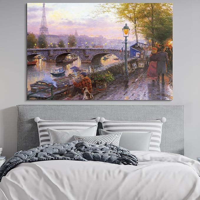 STUDIO HAVEN Thomas Kinkade Canvas Wall Art, Paris Riverbank Eiffel Tower Painter Dog Art Stall Seine River at Dusk Oil Painting Poster Cityscape Wall Decor, Framed Prints for Home Decor, 40x28Inch