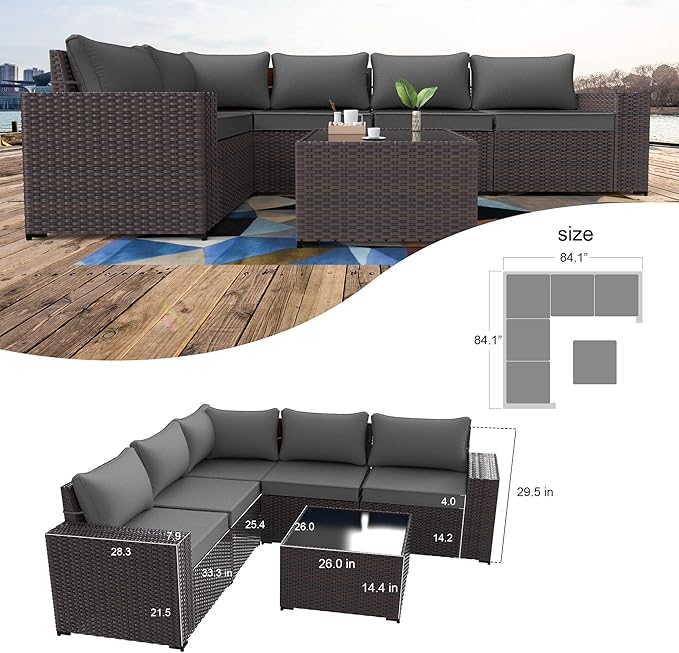 Kullavik 9 Pieces Outdoor Patio Furniture Set,PE Wicker Rattan Sectional Sofa Patio Conversation Sets with Tempered Glass Table,Swivel Rocking Chairs Set,Grey