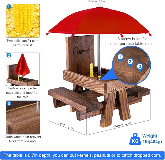 Squirrel Feeder Picnic Table with Umbrella, Lalafancy Carbonized Wood Squirrel Feeder for Outside Funny Chipmunk Feeder with Corn Cob Holder Structure Solid for Squirrel Gift