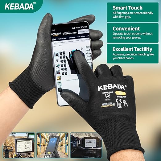 Kebada W1 Work Gloves for Men and Women, PU Coated Safety Gloves with Grip, Touchscreen, Ideal for Warehouse Package Handling, Construction, Gardening, Black Large