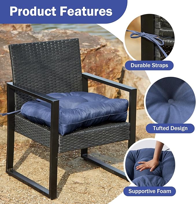 Outdoor Chair Cushions Set of 4, Patio Chair Cushions with Ties, 19x19+5” Tufted Outdoor Seat Cushions, Waterproof Patio Furniture Cushions, Outdoor Dining Chair Pads, Navy