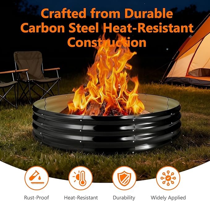 60 Inch Large Round Fire Ring Pit, Outdoor Bonfire Rings for Wood Burning, Galvanized Steel Fire Pit Portable for Backyard, Camping, Patio, Beach (5×5×1 FT, Black)